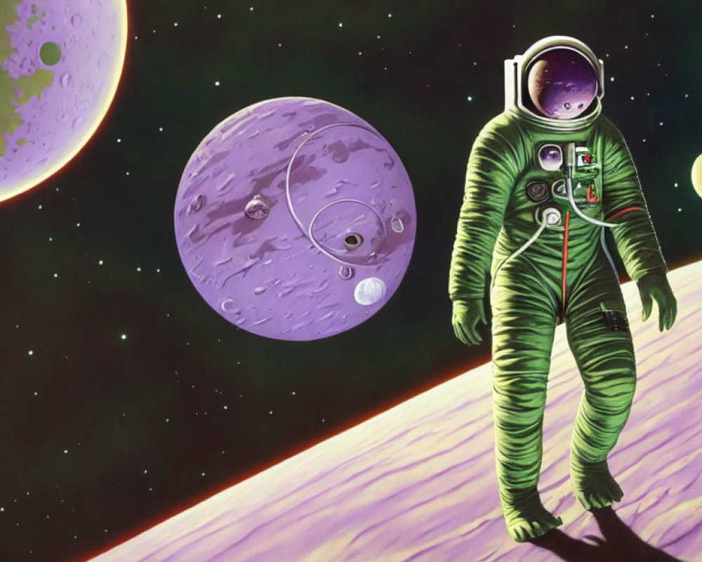 Astronaut in green spacesuit on alien landscape with two moons.