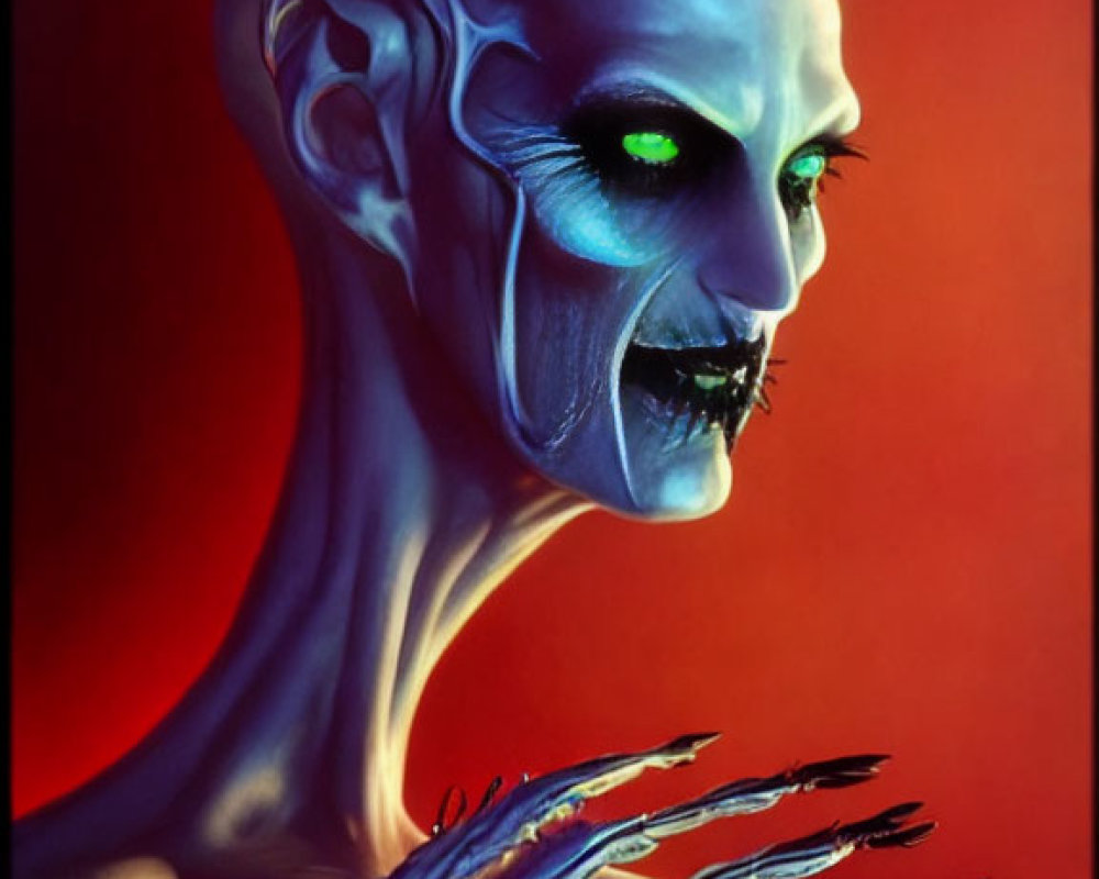 Sinister humanoid with bald head and green eyes on red background