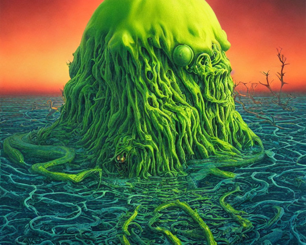 Surreal green blob with tentacles in water under red sky