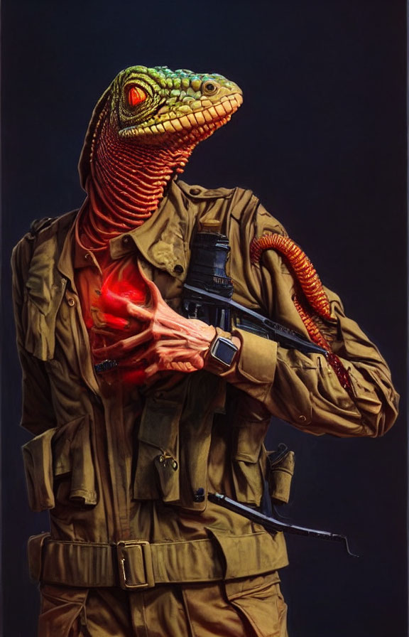 Lizard-headed humanoid in military uniform with visible heart, dark background