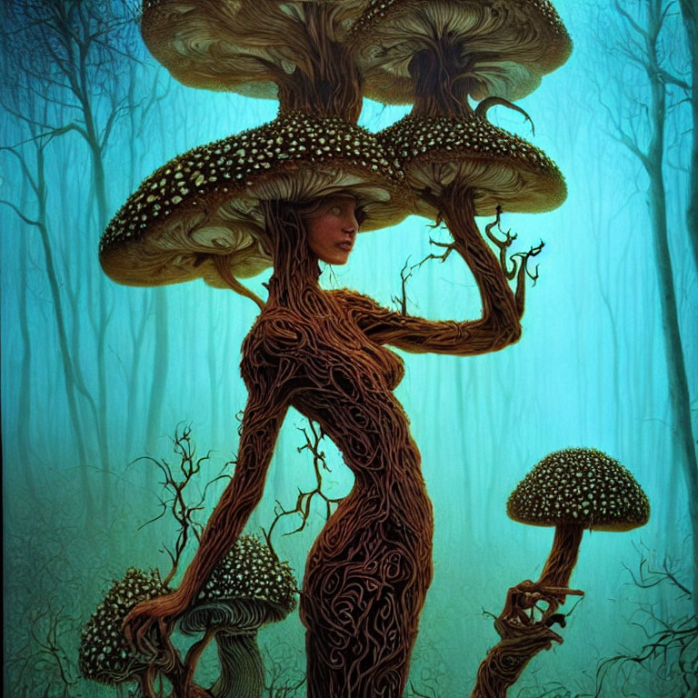 Illustration of humanoid tree figure with mushroom-like caps in misty forest