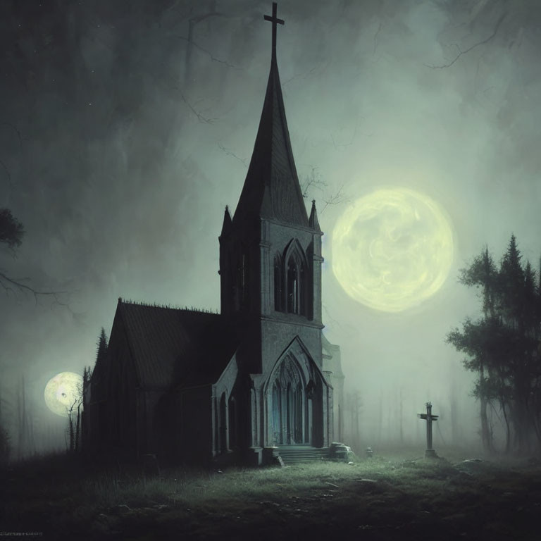 Gothic church under moonlit night with graves, eerie atmosphere