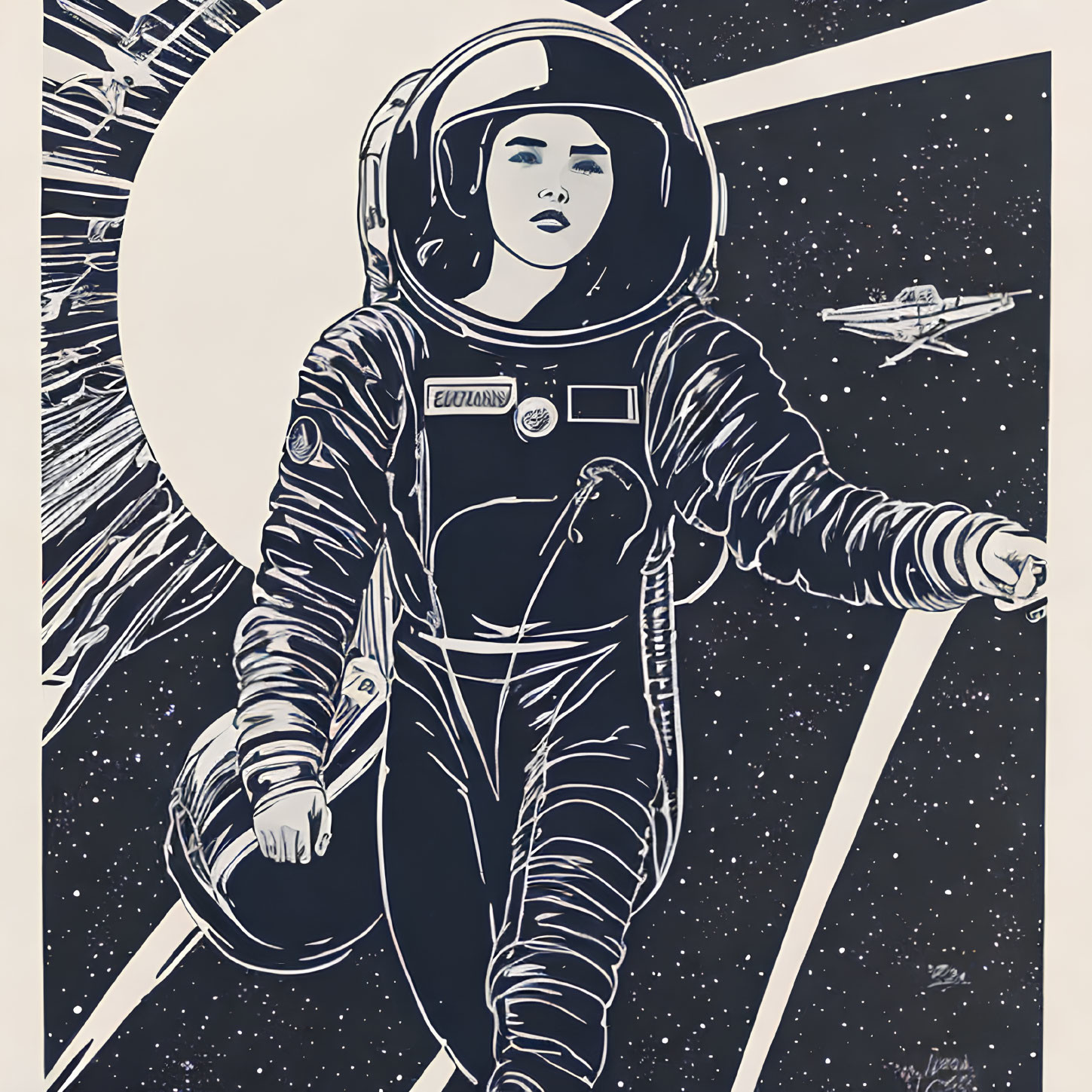 Astronaut in space suit with large helmet, crescent moon, distant spacecraft.