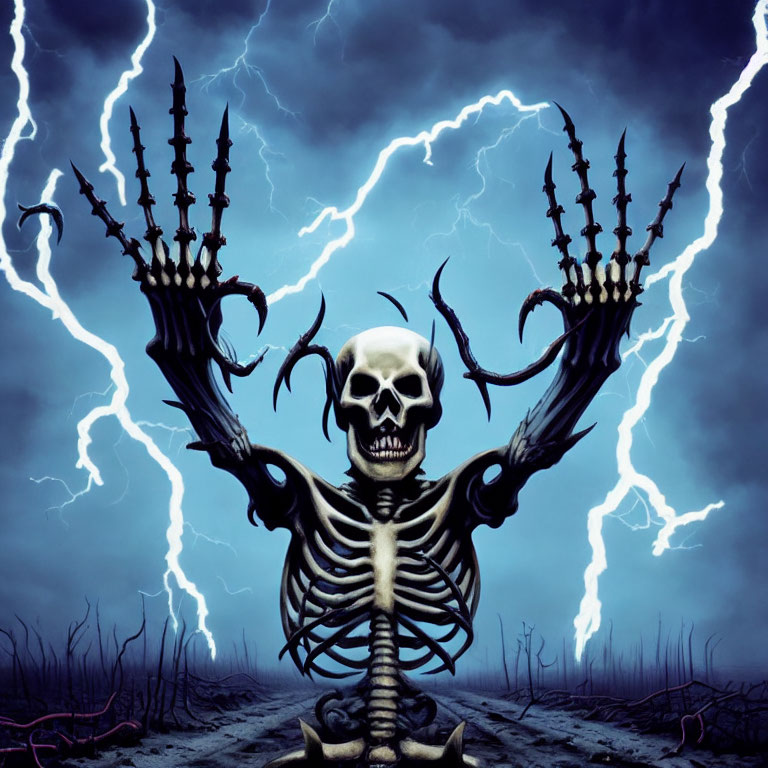 Elaborate Horned Skeleton Against Stormy Sky Symbolizing Power