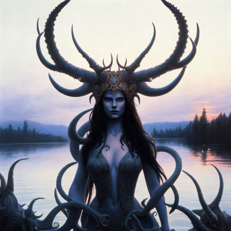 Mystical woman with horned headdress by serene lake at sunset