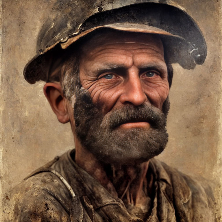 Serious man with weathered face, helmet, mustache, and beard