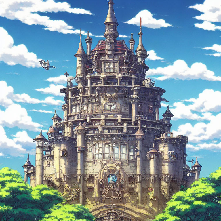 Fantasy castle with soaring towers under clear blue sky