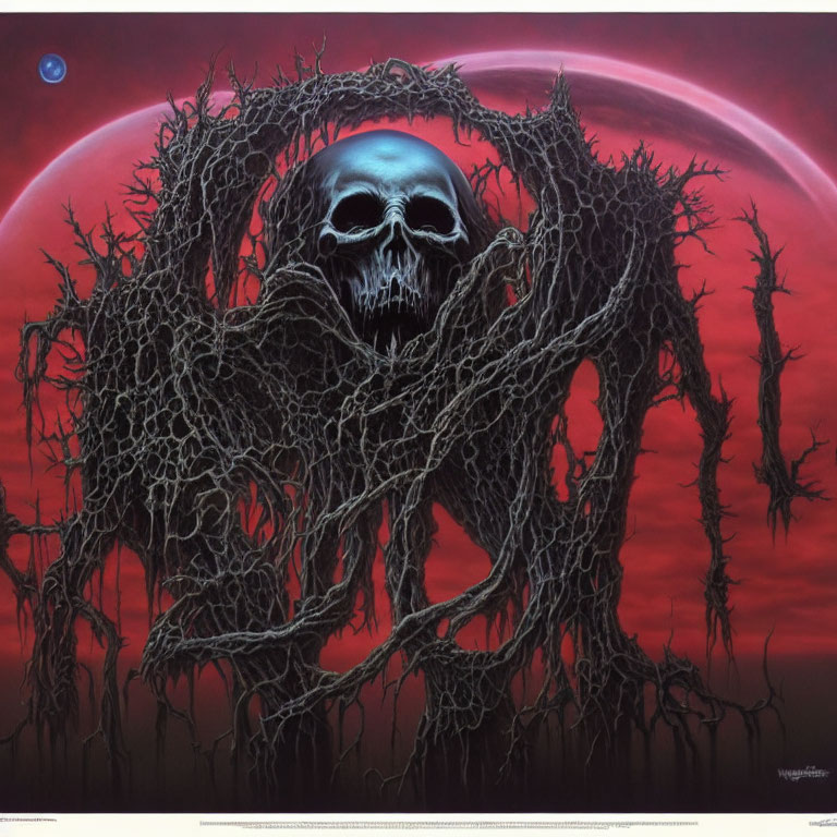 Dark Fantasy Artwork: Large Skull in Twisted Tree Branches, Red Sky