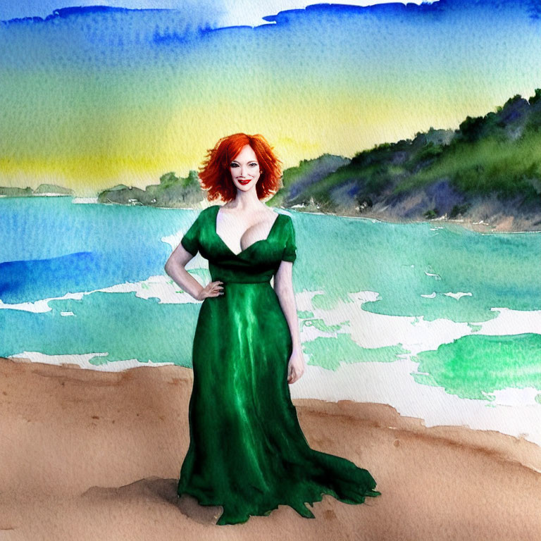 Red-haired woman in green dress on beach in watercolor style