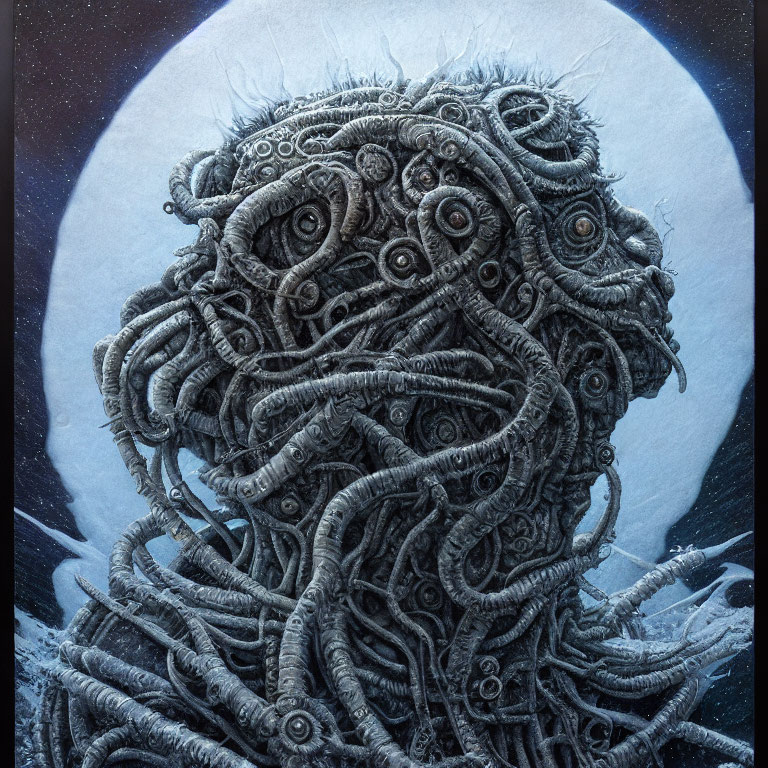 Detailed illustration: Tentacled creature against moonlit sky