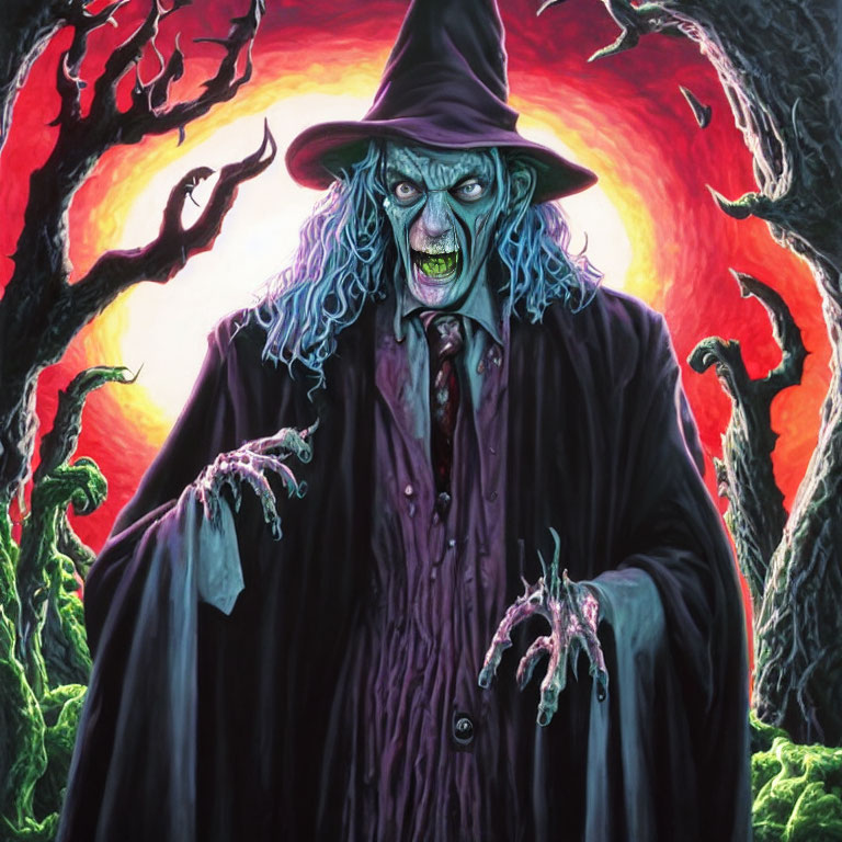 Illustration of menacing witch with green skin, black hat and claws in front of fiery tree.