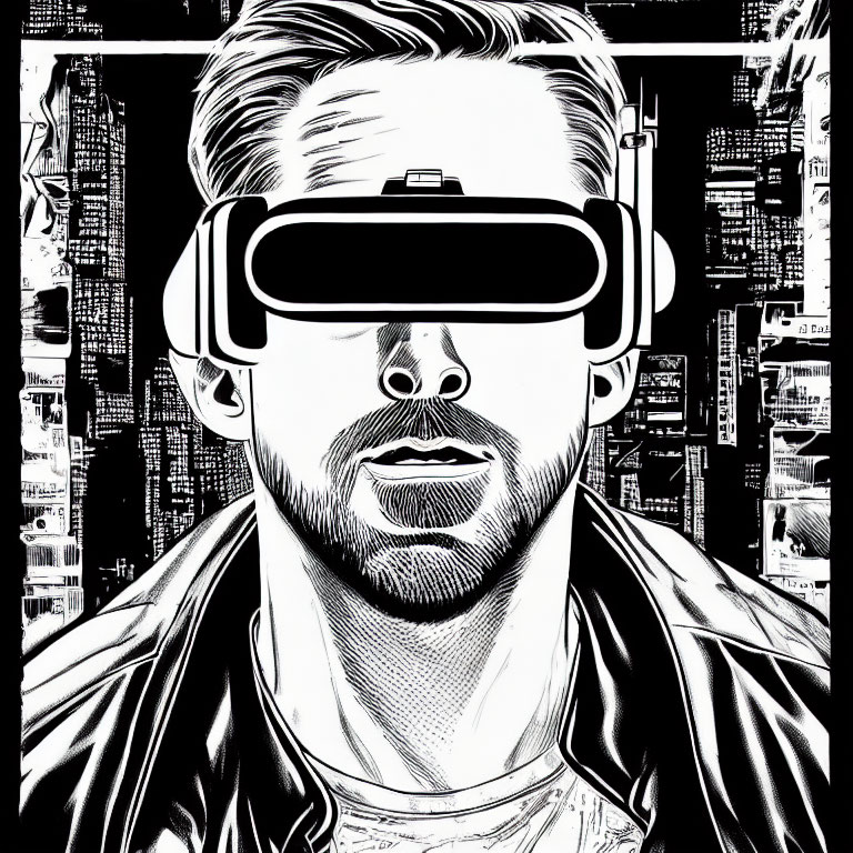 Monochrome comic-style illustration of person in VR goggles with cityscape.