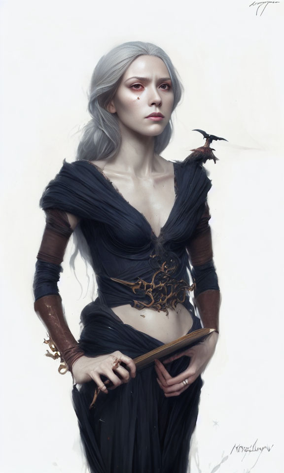 Digital artwork of pale-skinned woman with white hair, dressed in black, holding a book with bird