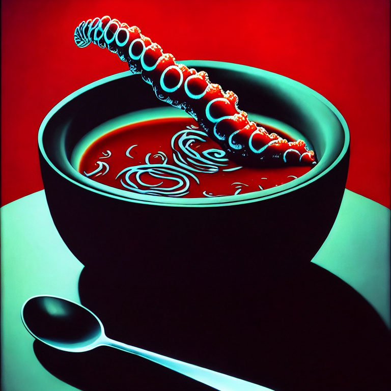 Surreal bowl with tentacle-like structure and spoon on red background