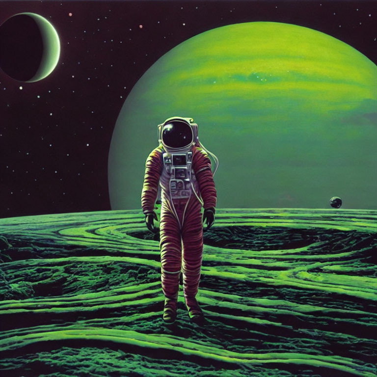 Astronaut on rocky surface with green planet and moons in background