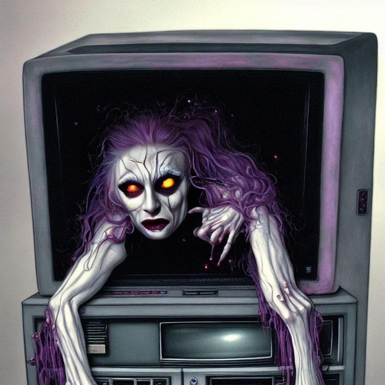 Spooky figure with glowing eyes from vintage TV, long hair, pale skin