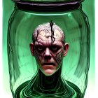 Surreal humanoid figure with cracked skin in green glass jar