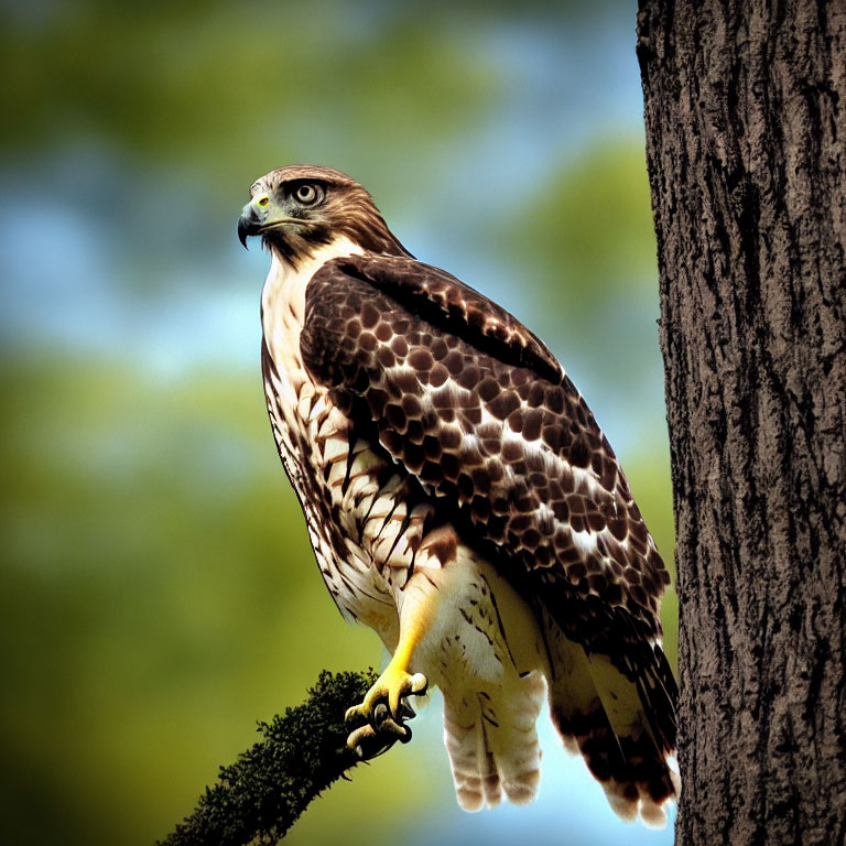 Majestic hawk perched on branch with sharp eyes and brown & white feathers