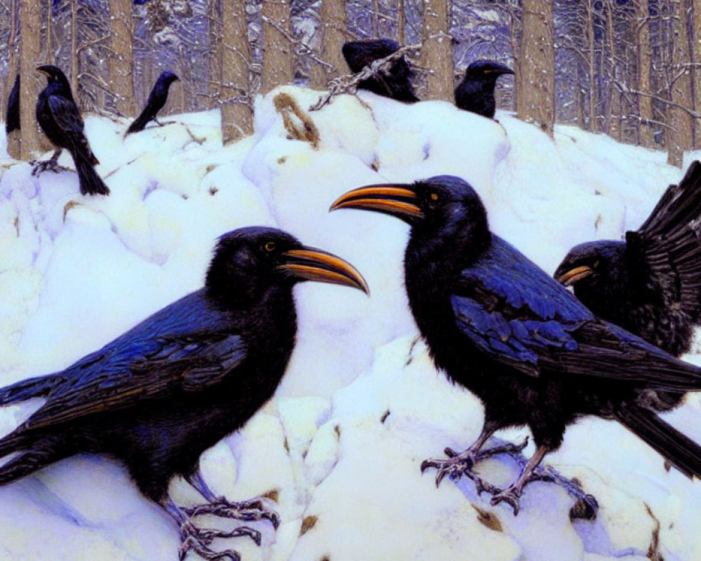 Black ravens with prominent beaks on snow-covered ground, birch forest backdrop