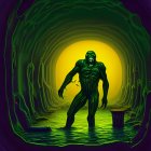 Muscular green creature in eerie cave-like tunnel with yellow glow