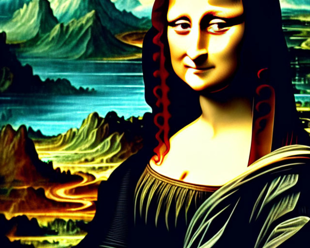 Colorful Mona Lisa Portrait in Surreal Landscape