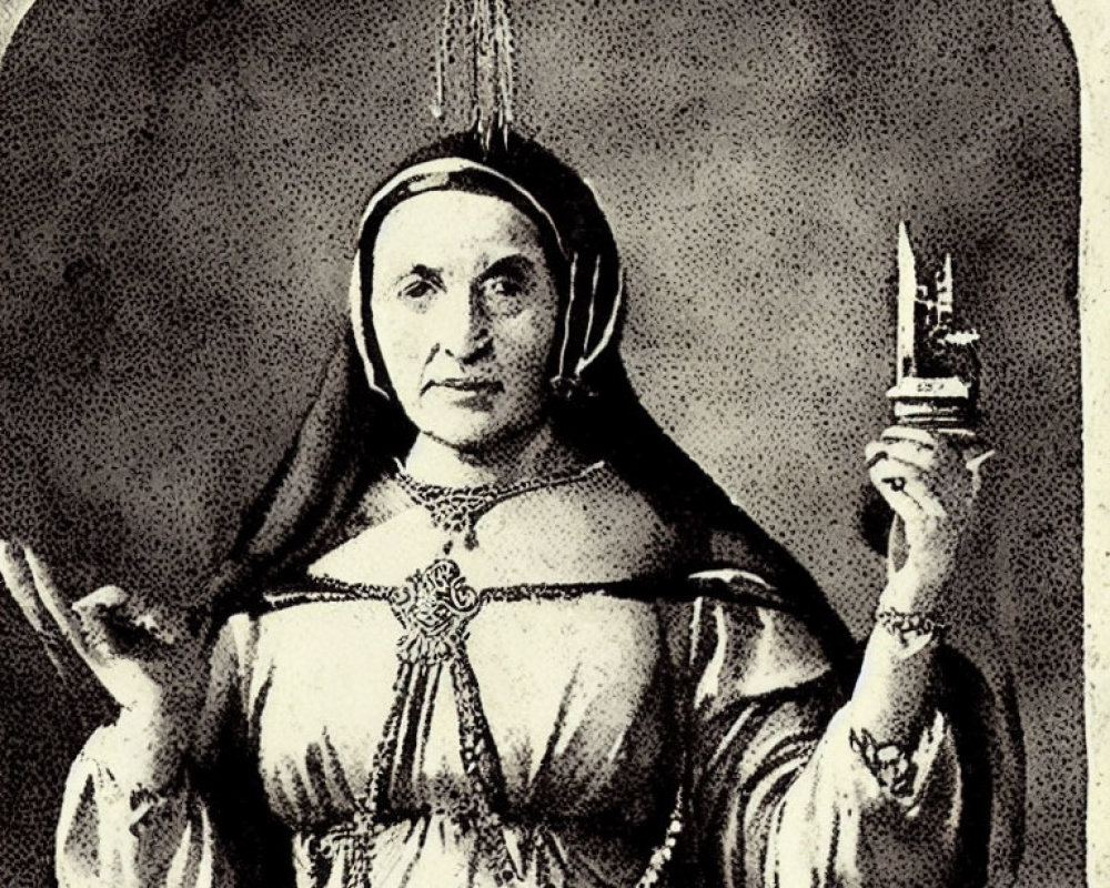 Vintage Black and White Illustration of Nun with Crucifix and Stigmata