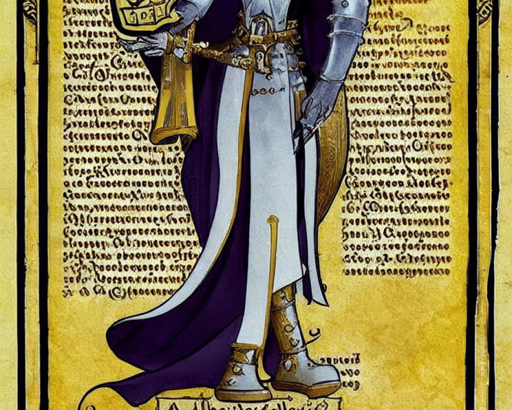 Medieval knight in full armor with sword and scales on Gothic script background