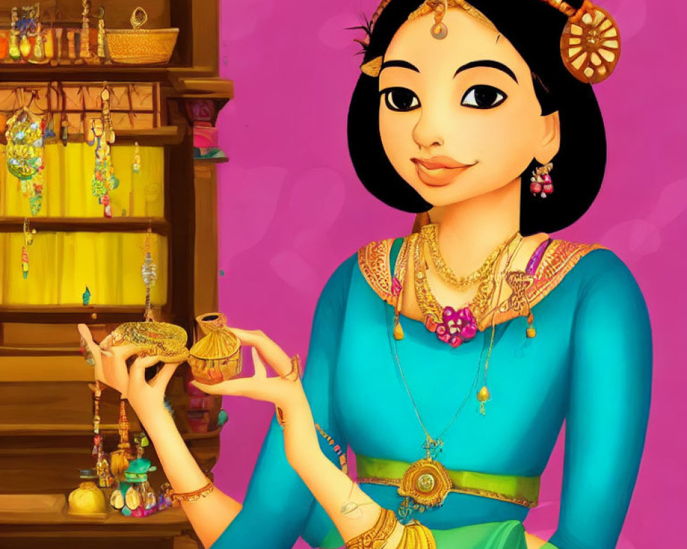 Traditional Indian Attire and Jewelry Illustration with Colorful Ornaments