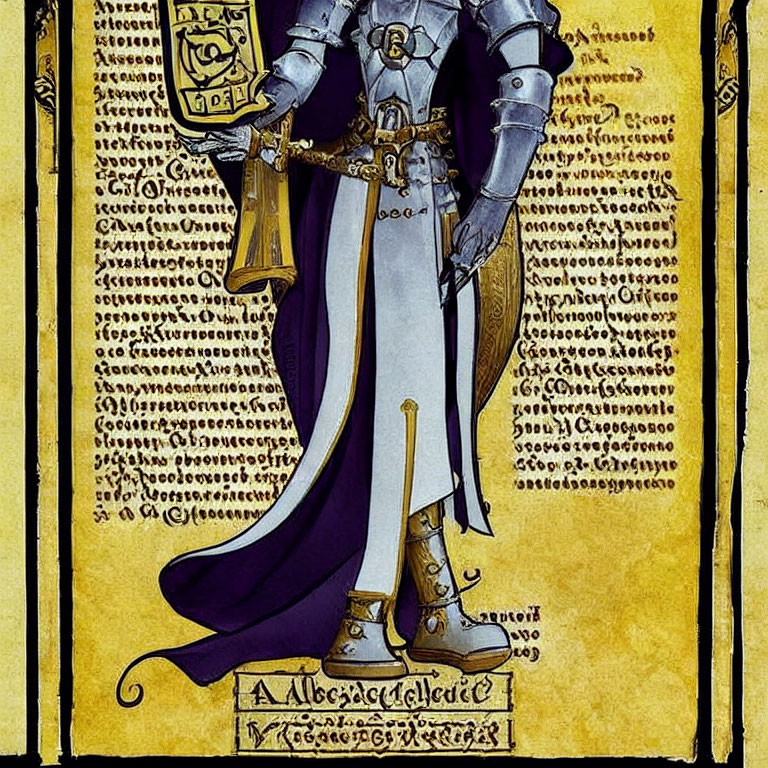 Medieval knight in full armor with sword and scales on Gothic script background