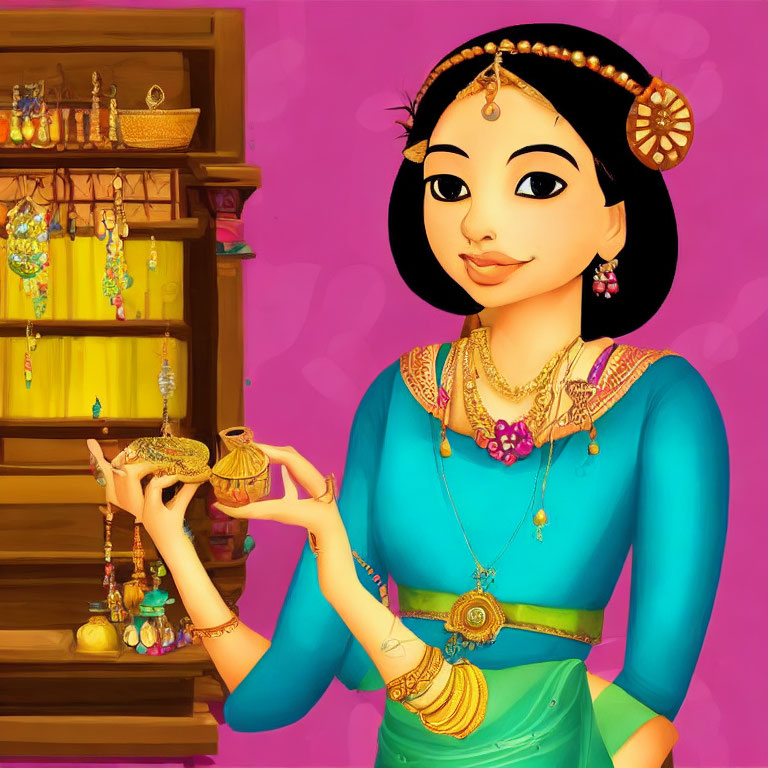 Traditional Indian Attire and Jewelry Illustration with Colorful Ornaments