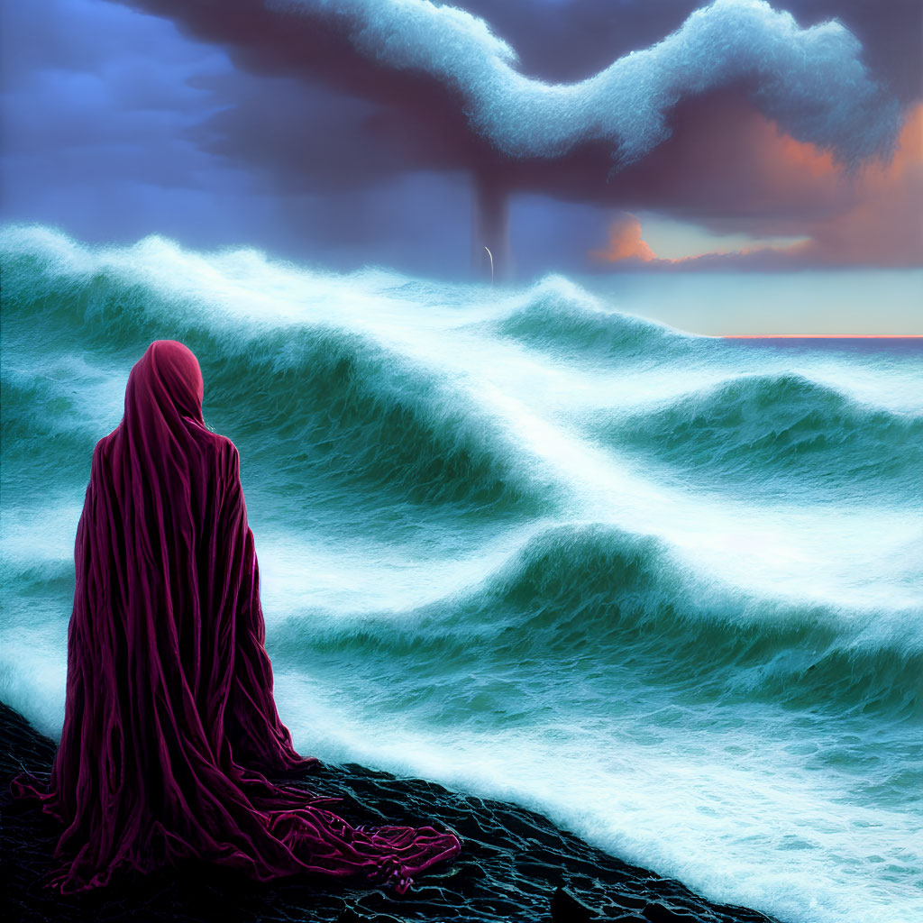 Person in Red Cloak Contemplating Stormy Seas on Rocky Shore