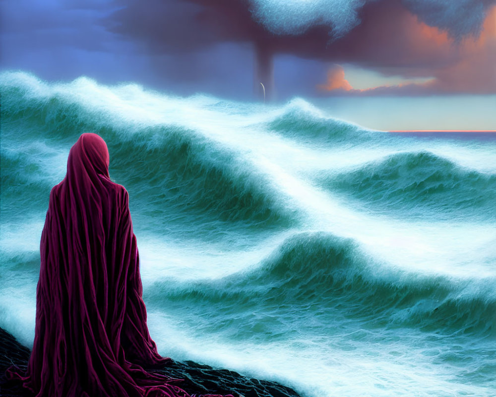 Person in Red Cloak Contemplating Stormy Seas on Rocky Shore