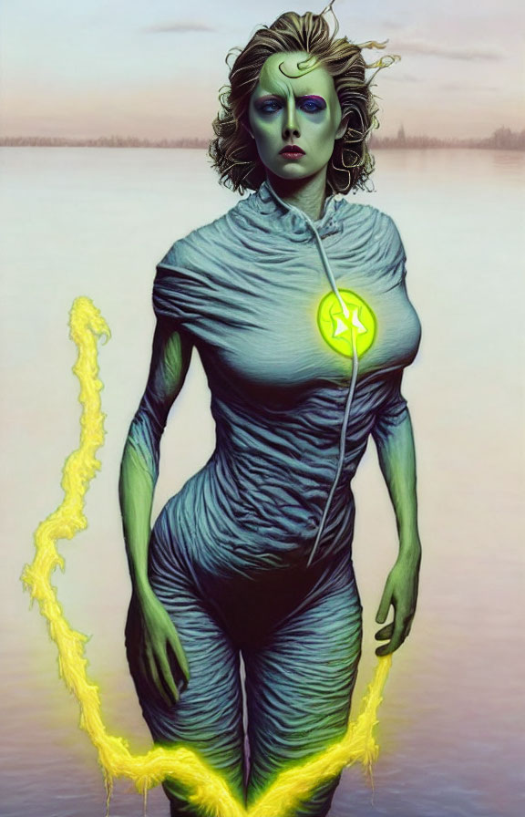 Green-skinned female comic character in silver suit with yellow symbol, wielding energy whip against dusk backdrop