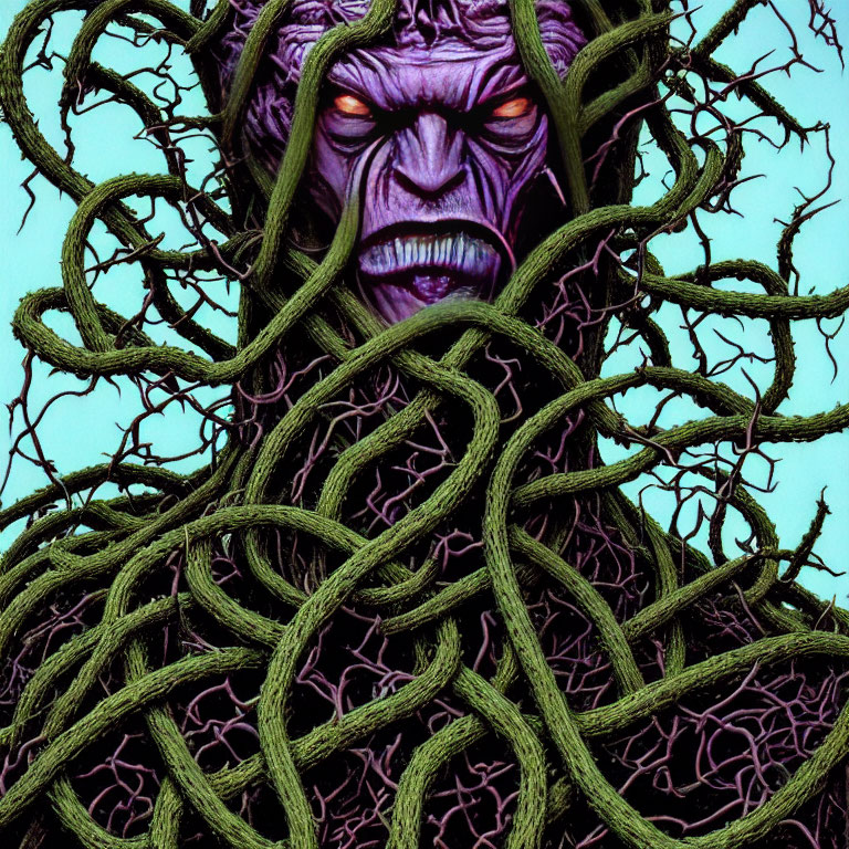 Purple-faced figure entangled in green and brown vines on turquoise background