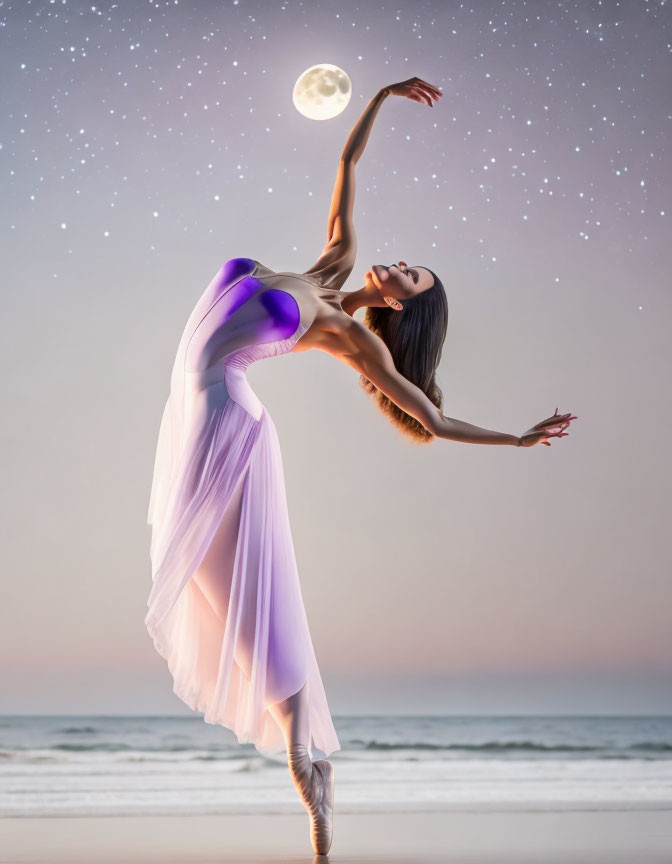 Dancer gracefully arching on beach at dusk with full moon and starry sky