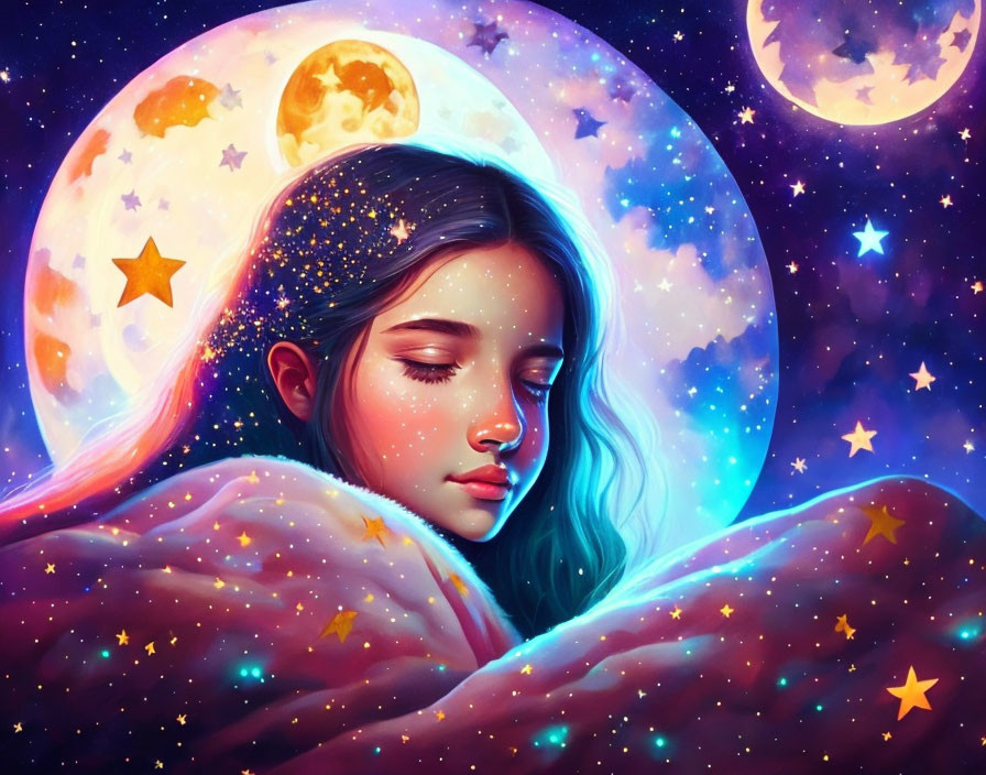 Digital Artwork: Girl with Star-Speckled Hair Sleeping in Cosmic Blanket