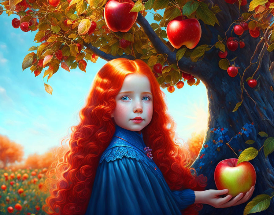 Vivid digital artwork of young girl with red hair holding apple under tree