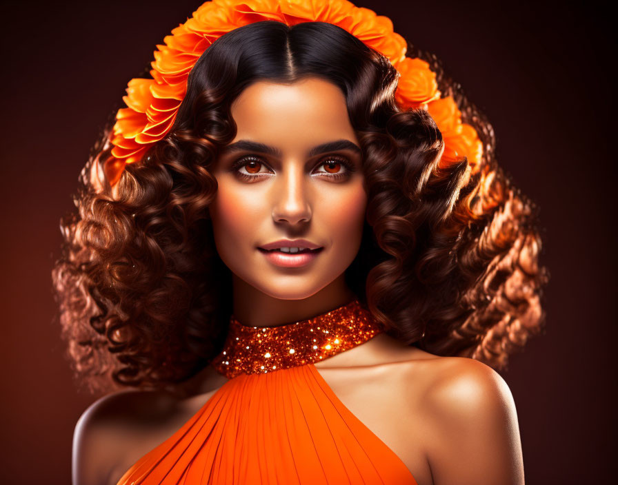 Woman with Curly Hair, Orange Flowers, Dress, and Choker on Warm Background