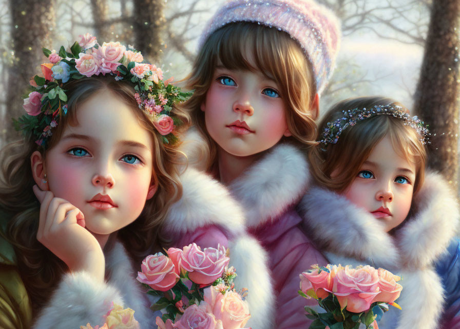 Three girls in floral crowns and fur coats holding roses in a wintry forest.