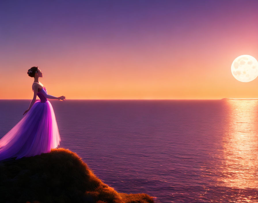 Woman in Purple Dress on Cliff at Sunset Reaching for Moon