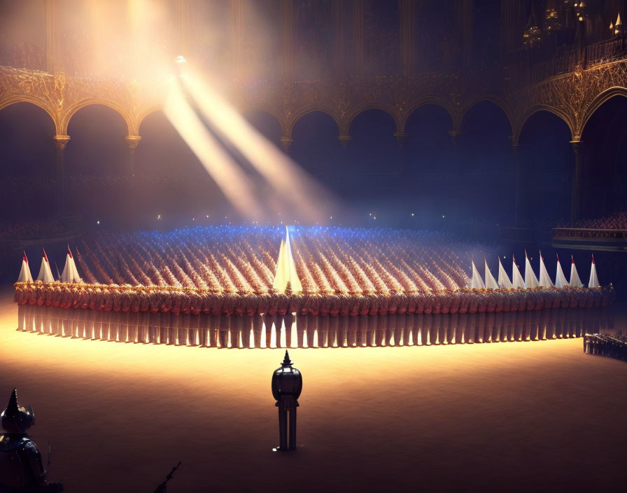 Luxurious Hall with Uniformed Group in Spotlight