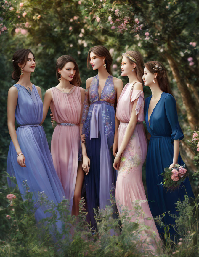 Five Women in Elegant Pastel Dresses Amidst Greenery