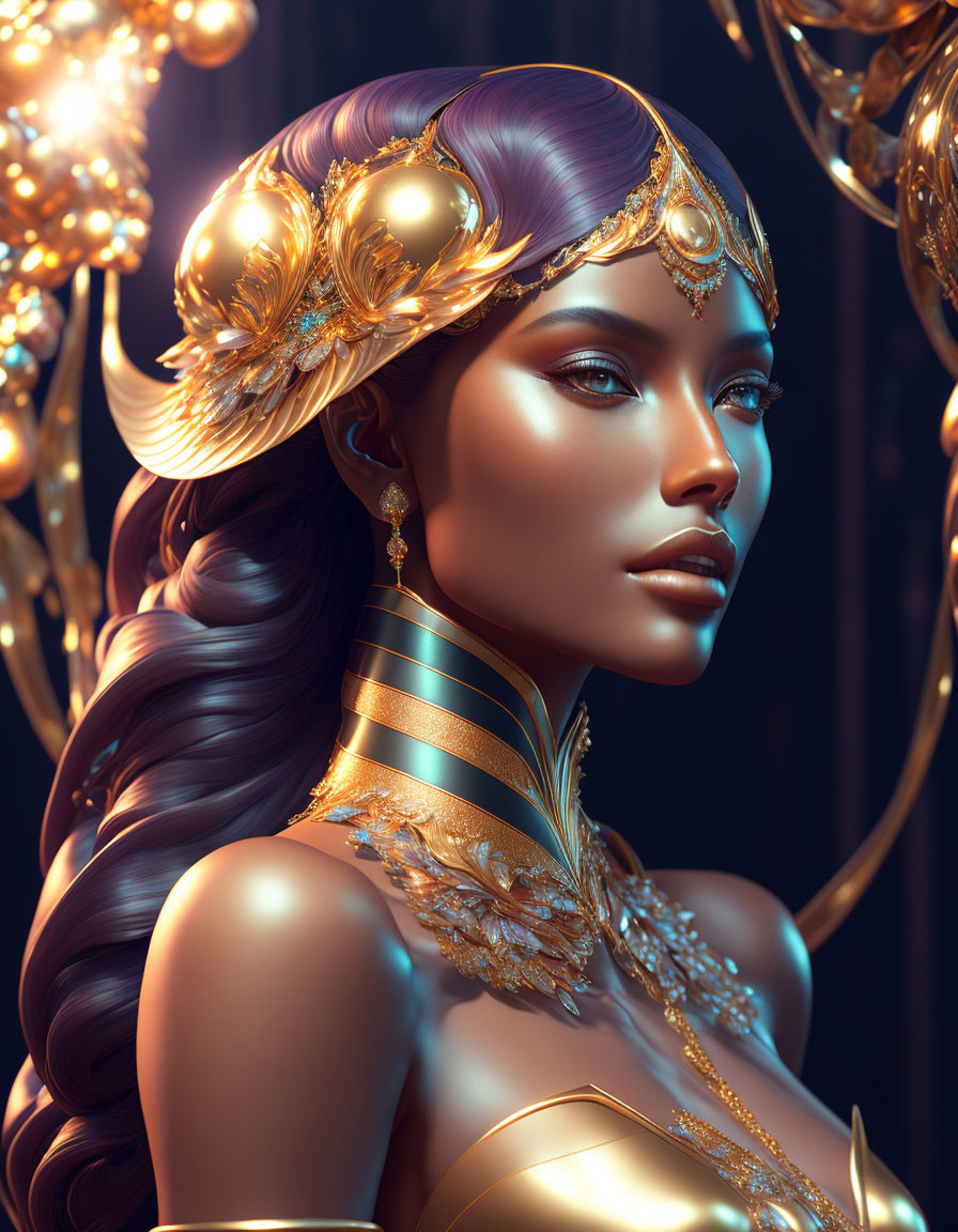 Intricate golden jewelry adorns woman in digital artwork