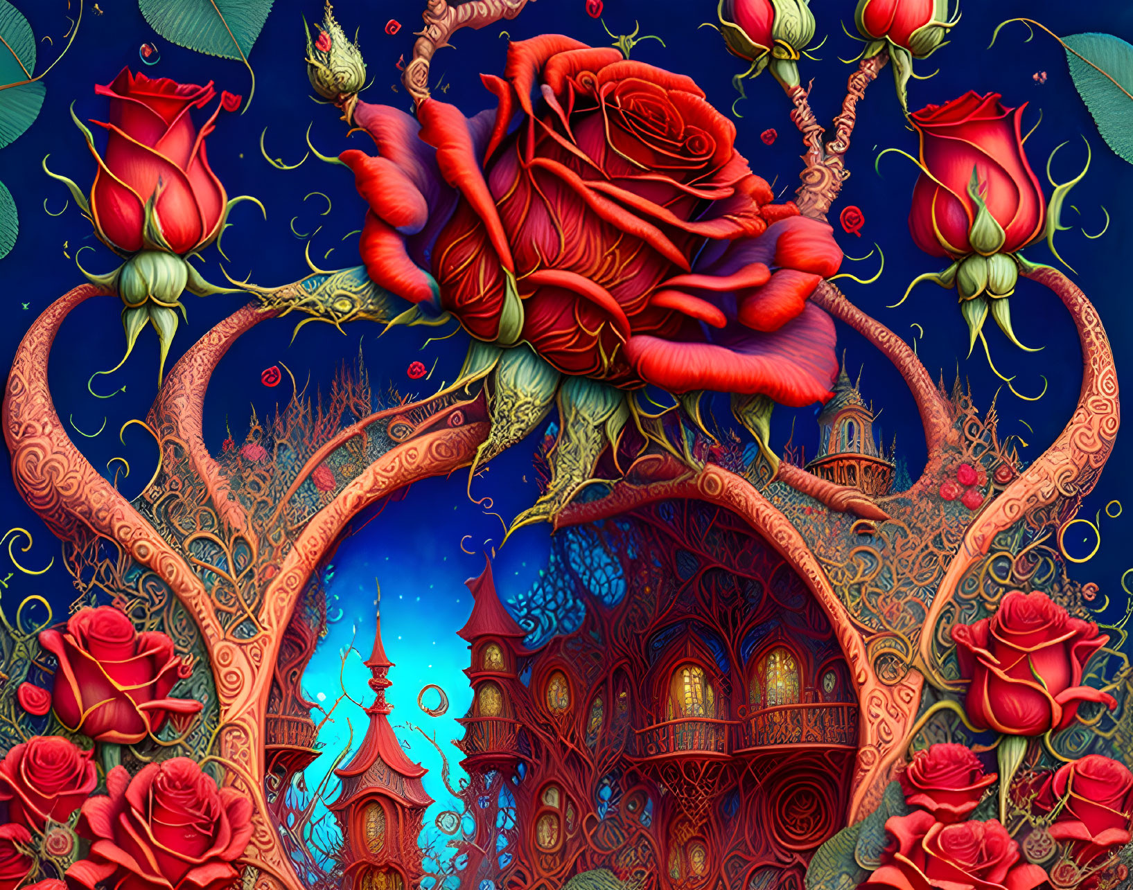 Detailed Fantasy Illustration: Red Roses, Golden Arches, Castle, Starry Sky