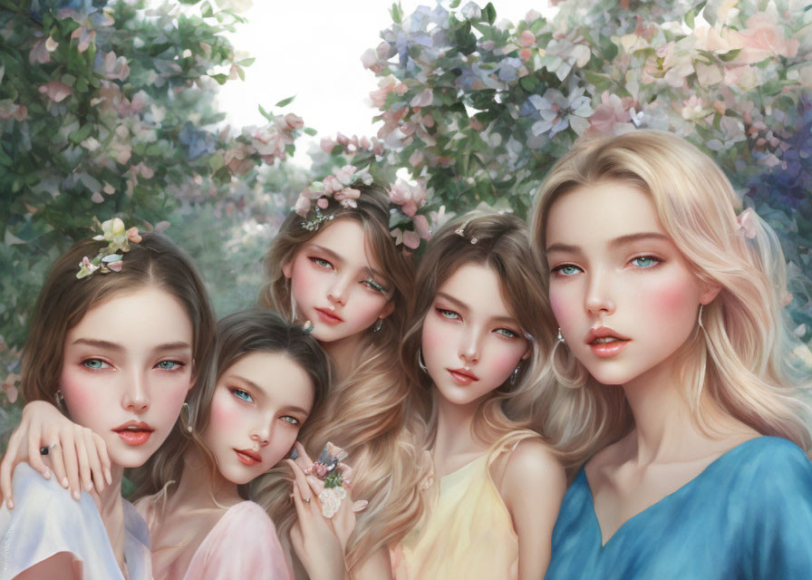 Ethereal Women with Floral Adornments Among Pastel Blossoms