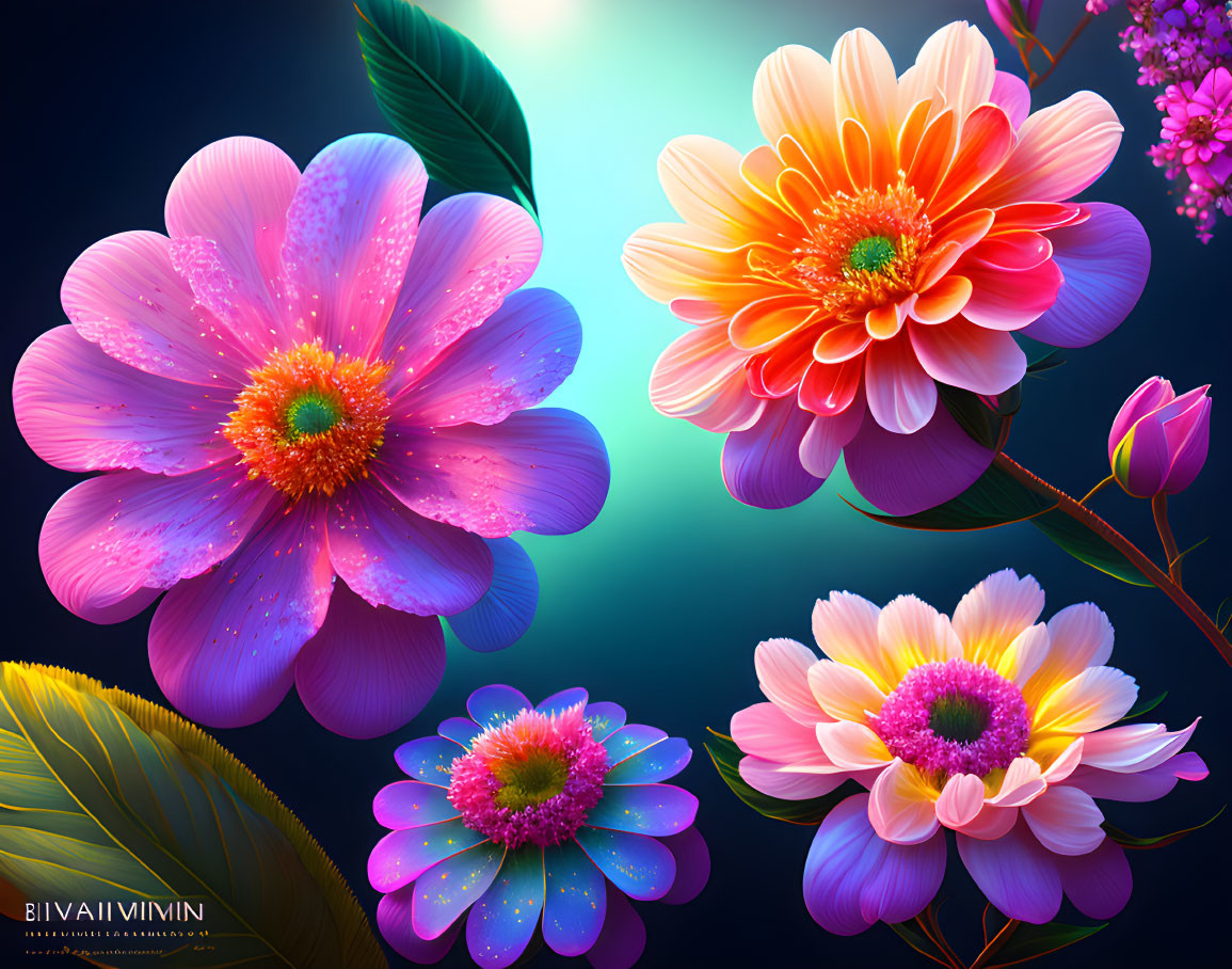 Colorful blooming flowers in glowing digital art