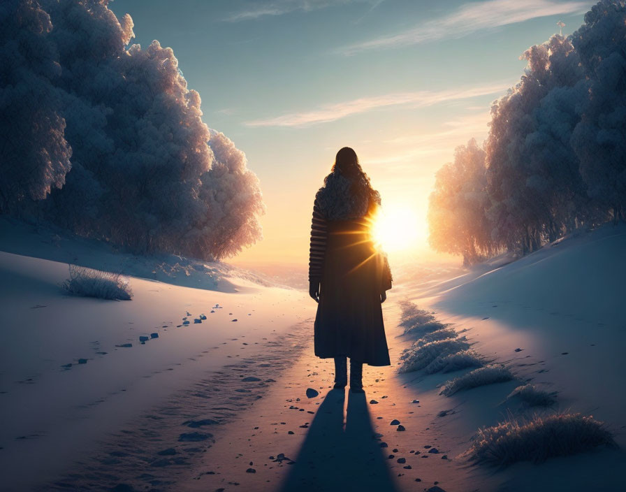 Snowy Path with Frosted Trees and Radiant Sunset