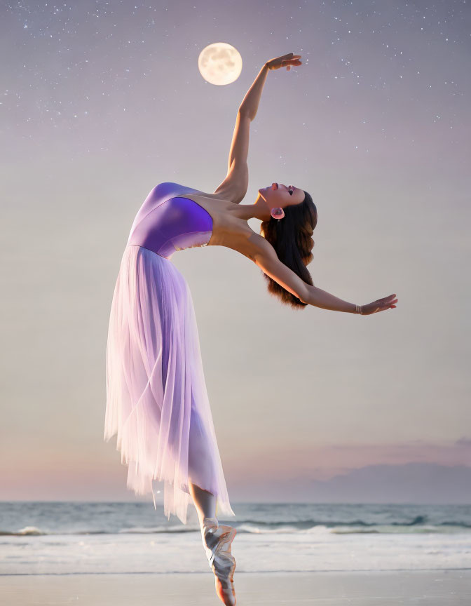 Ballerina on beach reaches for full moon under twilight sky