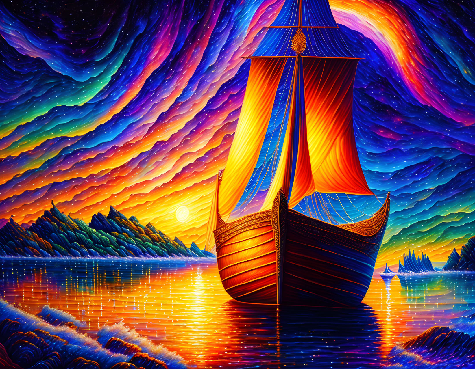 Colorful sailing ship painting on surreal ocean with starry sky and mountains