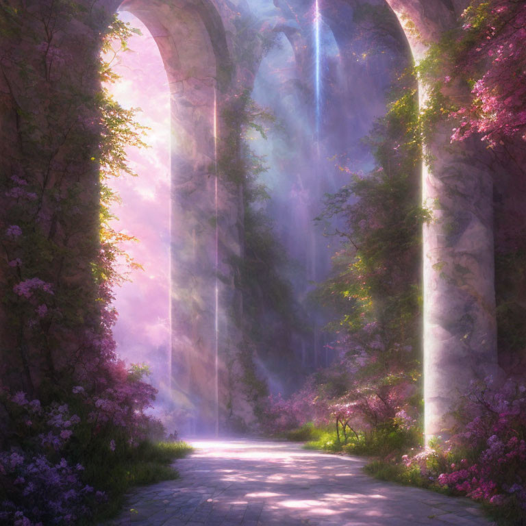 Majestic arches and pink trees in misty forest scene